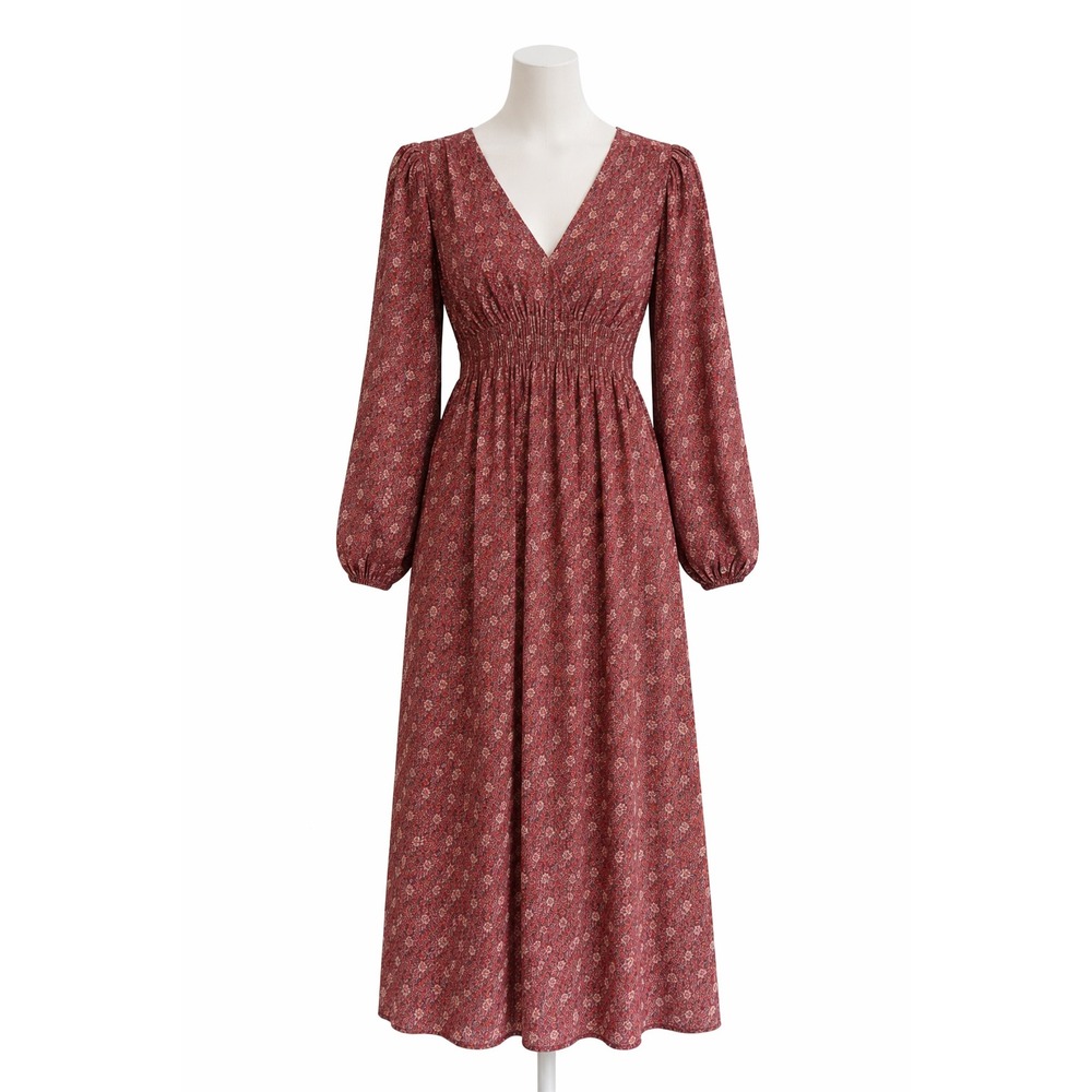 Umgee USA Red Floral V-Neck Maxi Dress Long Sleeve shimmery Metallic Accents Med